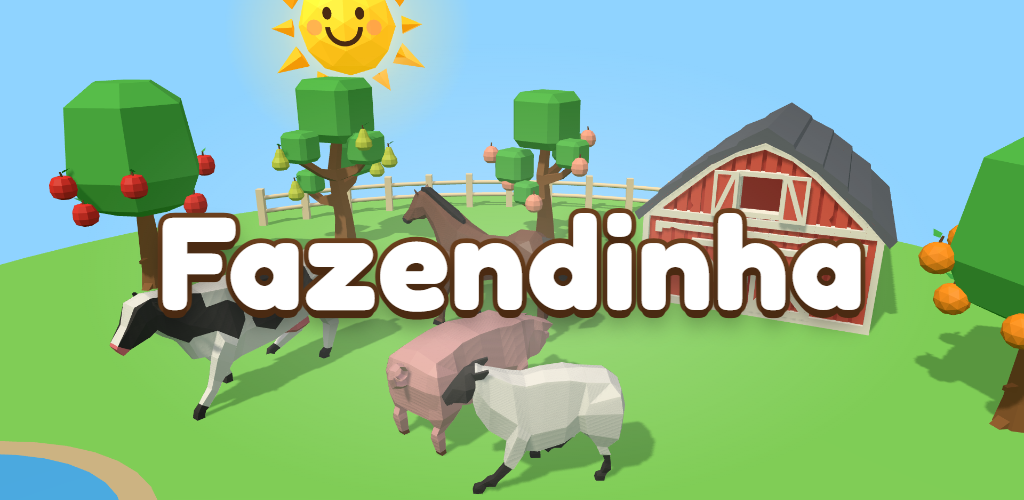 A fazenda do jogo, com bichos, árvores e o celeiro